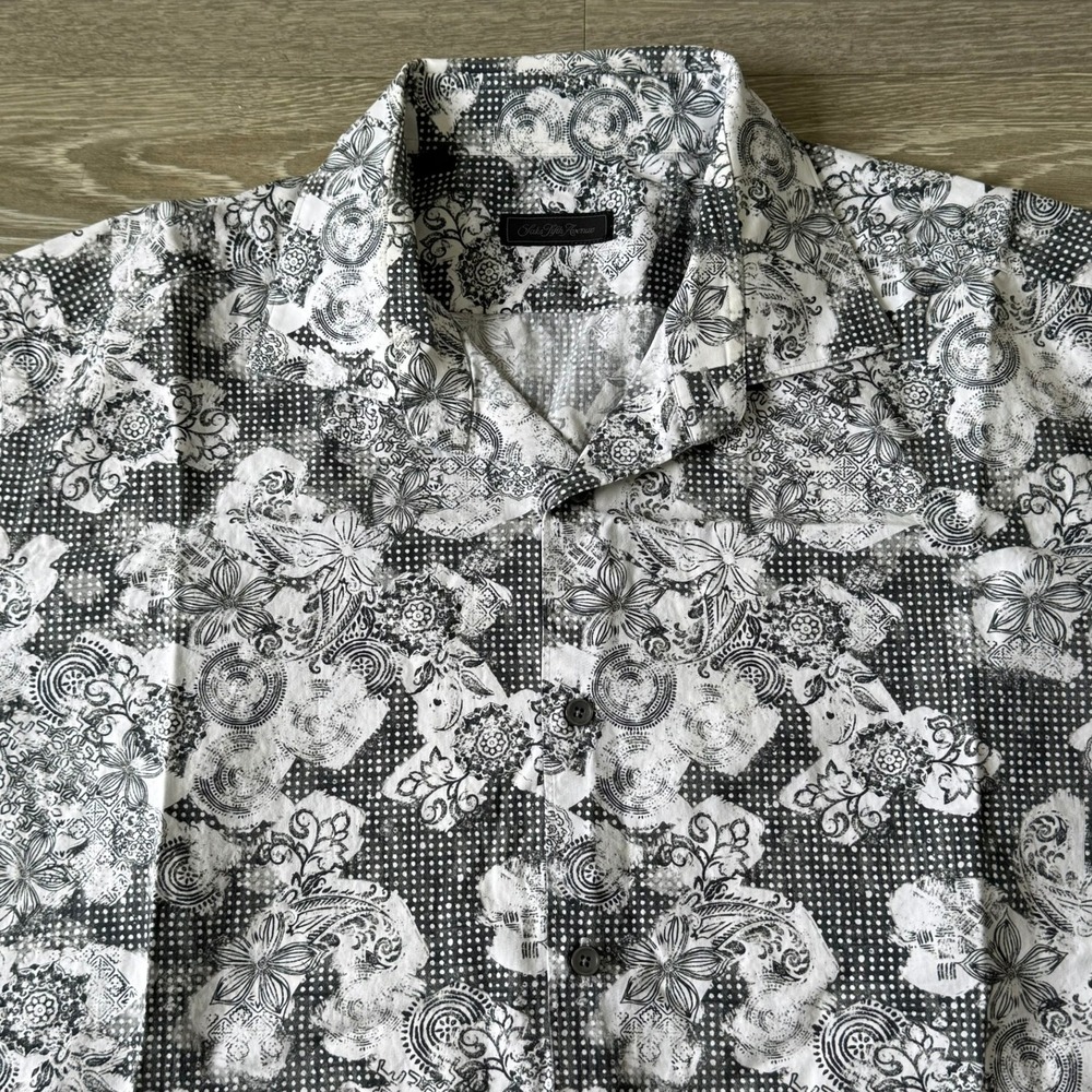 Saks Fifth Avenue Abstract Floral Woven Button Up Shirt Black White 2XL